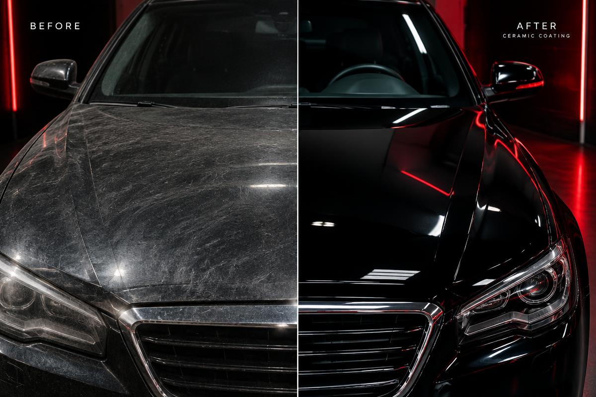 Before and after: Ceramic coating · Black sedan