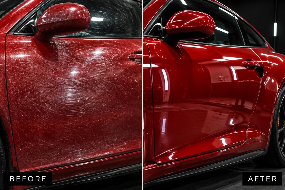 Before and after: Paint correction · Red coupe