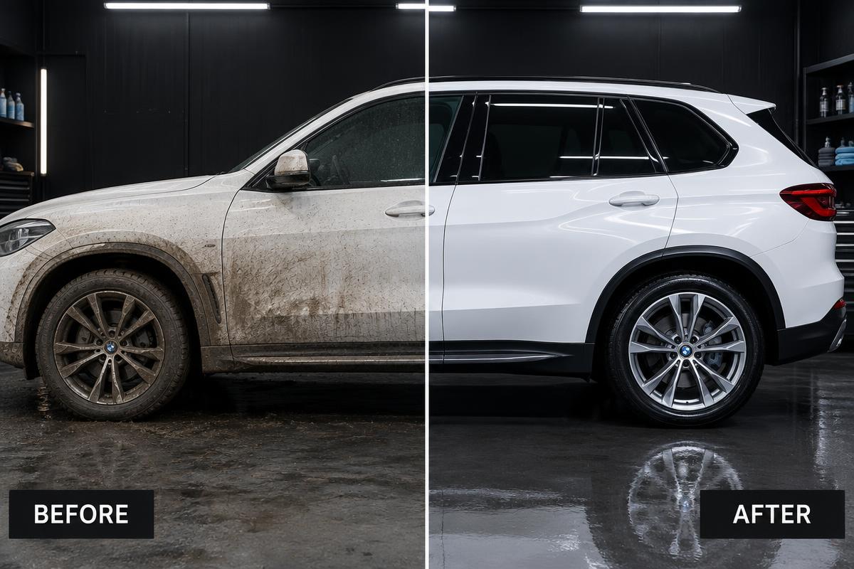 Before and after: Signature wash · White SUV