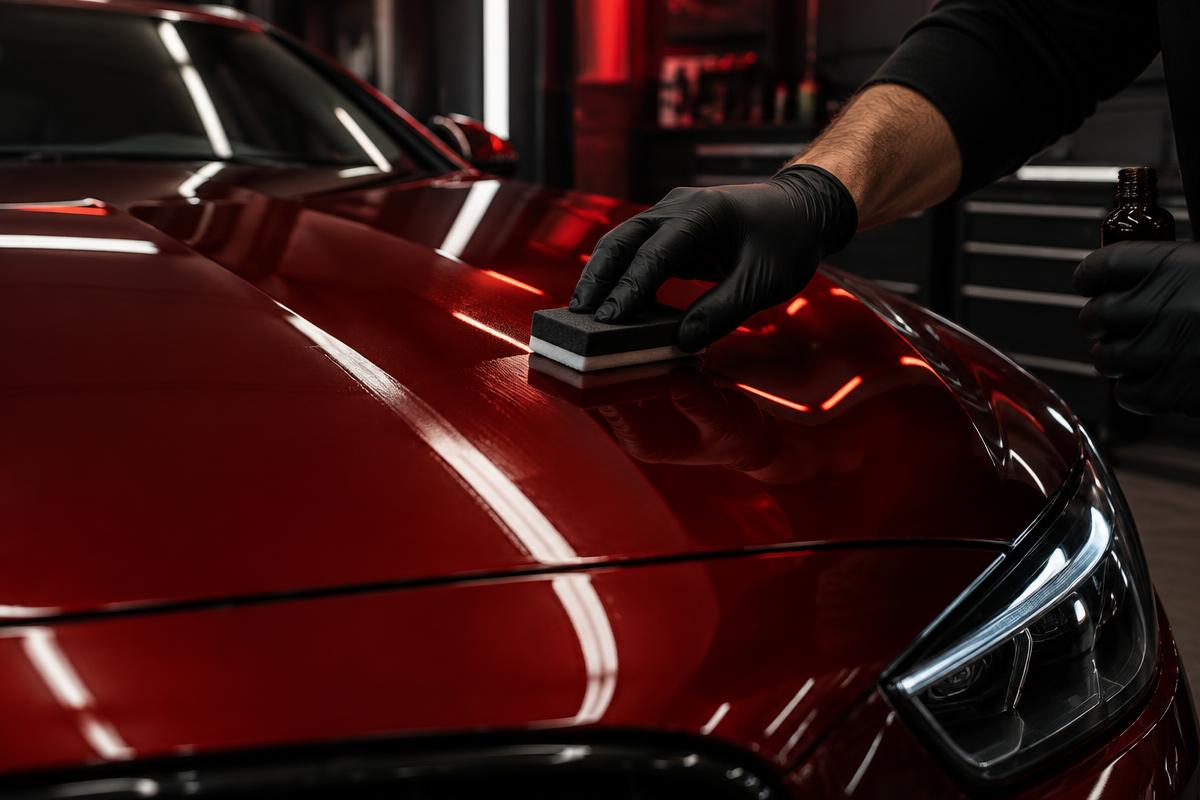 Ceramic coating being applied to a red car