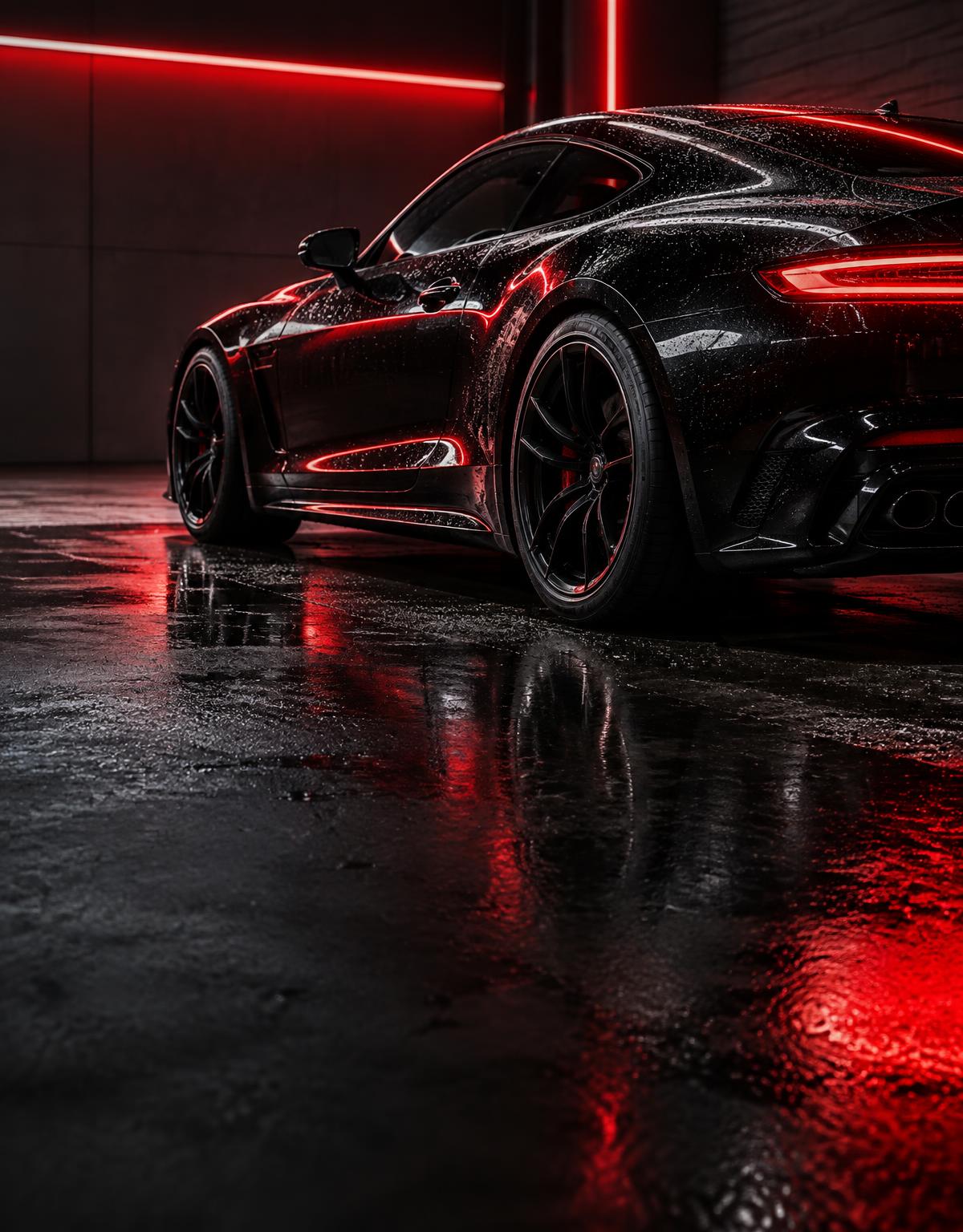 Black sports car in a detailing studio