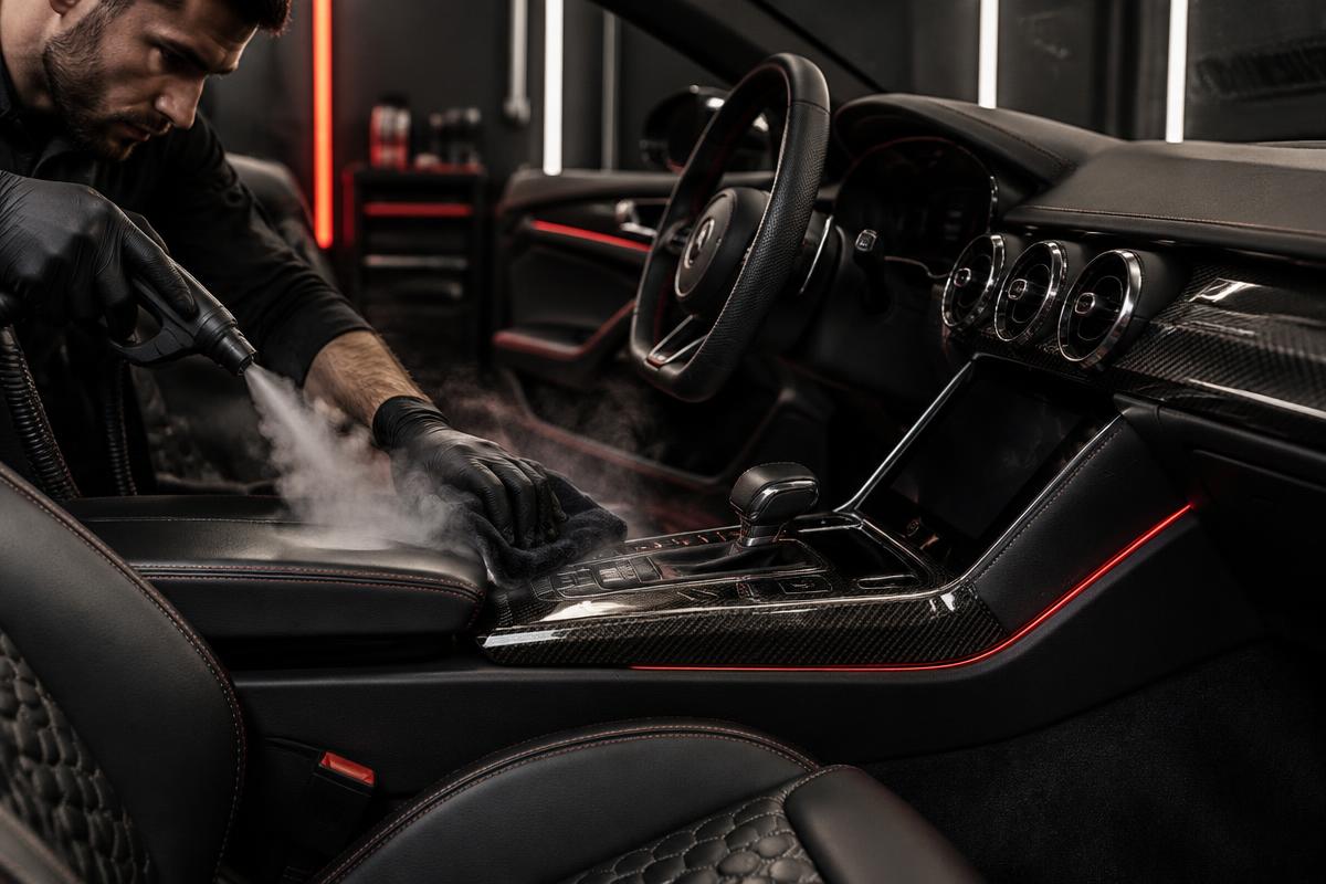 Luxury car interior receiving steam cleaning